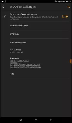 Amazon Fire Tablet Fire OS 6 Benachrichtigungen zu offenen Netzwerken