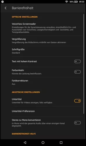 Amazon Fire Tablet Fire OS 6 Untertitel-Präferenzen
