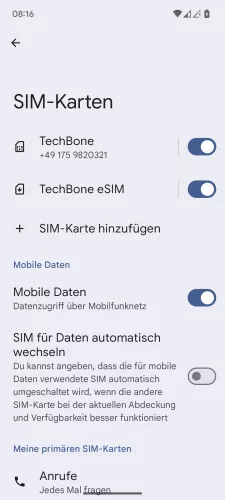 Android Android 15 SIM-Karte wählen