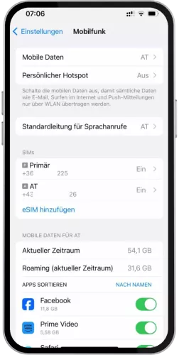 Einstellungen für Mobilfunk und SIM-Karten vom Apple iPhone