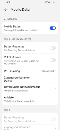 Huawei Android 10 - EMUI 12 Zugangspunktnamen (APNs)