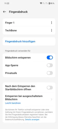 OnePlus Android 14 - OxygenOS 14 Menü vom Fingerabdruck