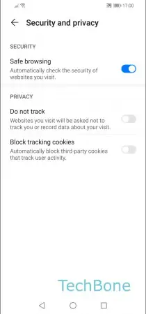 Security and privacy (Browser) -  Enable or disable  Safe browsing ,  Do not track  or  Block tracking cookies  