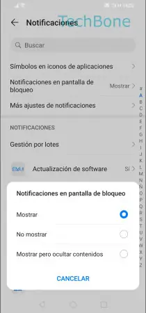Paso 4: Selecciona Mostrar , No mostrar o Mostrar pero ocultar contenido Mostrar notificaciones en la pantalla de bloqueo - Selecciona Mostrar , No mostrar o Mostrar pero ocultar contenido