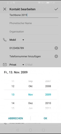 Schritt 6: Wähle den Geburtstag aus und bestätige mit OK Geburtstag einem Kontakt hinzufügen - Wähle den Geburtstag aus und bestätige mit OK