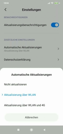 Automatische System-App-Updates -  Wähle zwischen  Nicht aktualisieren ,  Aktualisierung über WLAN und/oder 4G  