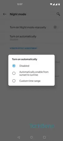 Schedule for night mode -  Choose  Automatically enable from sunset to sunrise  or  Custom time range  