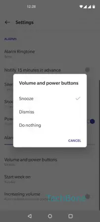 Alarm functions for volume buttons -  Choose  Snooze ,  Dismiss  or  Do nothing  to disable the feature 