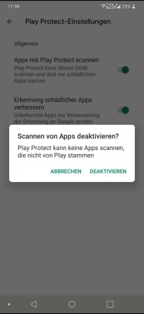 Google Play Protect -  Bestätige mit  Deaktivieren  