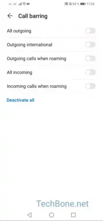 Call barring -  Activate or deactivate the desired  call barring setting  