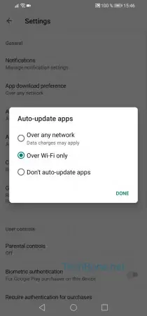 Automatic app updates -  Choose between  Over any network ,  Over Wi-Fi only  or  Don't auto-update apps  