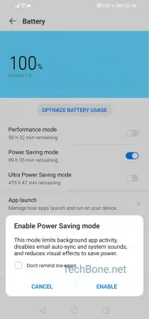 Power Saving mode on/off -  Confirm with  Enable  