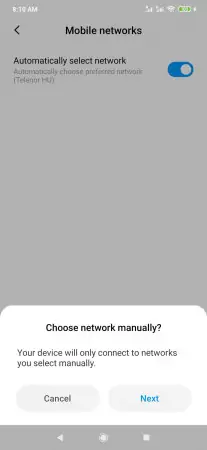 How to Select network manually -  Confirm with  Next  