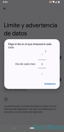 Paso 6: Establece el Día de cada mes y presiona Establecer Establecer la Fecha del Reinicio de las Estadísticas de Uso de Datos - Establece el Día de cada mes y presiona Establecer
