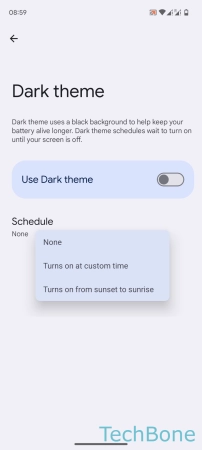 How to Schedule Dark mode - Choose  Turns on an custom time  or  Turns on from sunset to sunrise 
