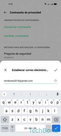Paso 5: Ingresa una Dirección de correo electrónico y presiona Guardar Definir un Correo electrónico de Recuperación de la Contraseña de privacidad - Ingresa una Dirección de correo electrónico y presiona Guardar