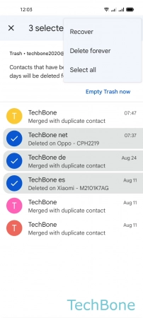 How to Restore Contacts from Trash bin - Tap on  Recover 