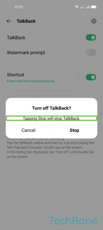 How to Turn Off TalkBack - Tap on  Stop 