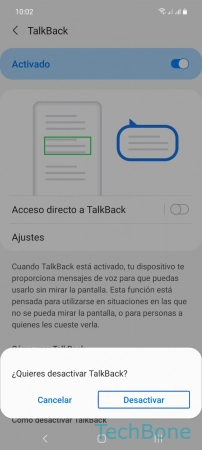 Desactivar TalkBack (Voice Assistant) - Presiona dos veces  Desactivar 