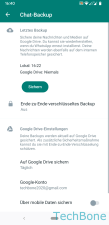 Backup in Google Drive / iCloud - Starte das Cloud-Backup mit  Sichern 