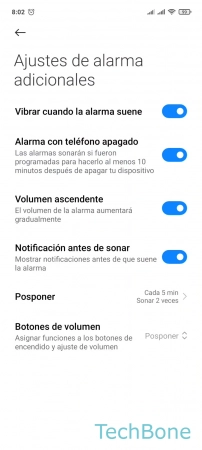 Paso 5: Activa o desactiva Volumen ascendente Activar o desactivar el Volumen ascendente en Alarmas - Activa o desactiva Volumen ascendente