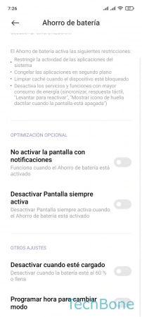 Paso 5: Activa o desactiva No activar la pantalla con notificaciones o Desactivar Pantalla siempre activa Configurar la Optimización opcional del Ahorro de batería - Activa o desactiva No activar la pantalla con notificaciones o Desactivar Pantalla siempre activa