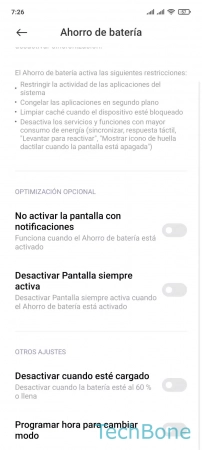 Paso 5: Activa o desactiva Desactivar cuando esté cargado Desactivar automáticamente el Ahorro de batería cuando la batería esté cargada - Activa o desactiva Desactivar cuando esté cargado
