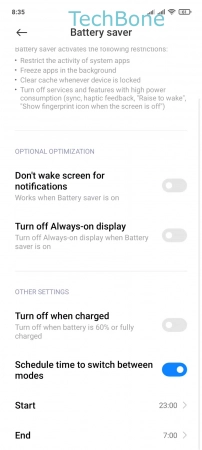 How to Schedule Battery saver - Tap on  Start / End  to set the time