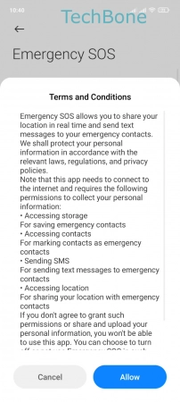 How to Turn on/off Emergency SOS - Tap on  Allow 