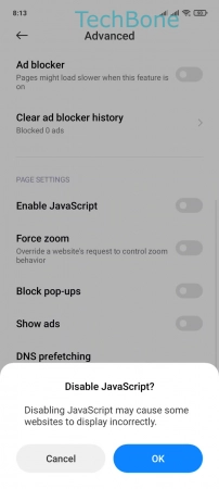 How to Turn On/Off JavaScript - Tap on  OK 