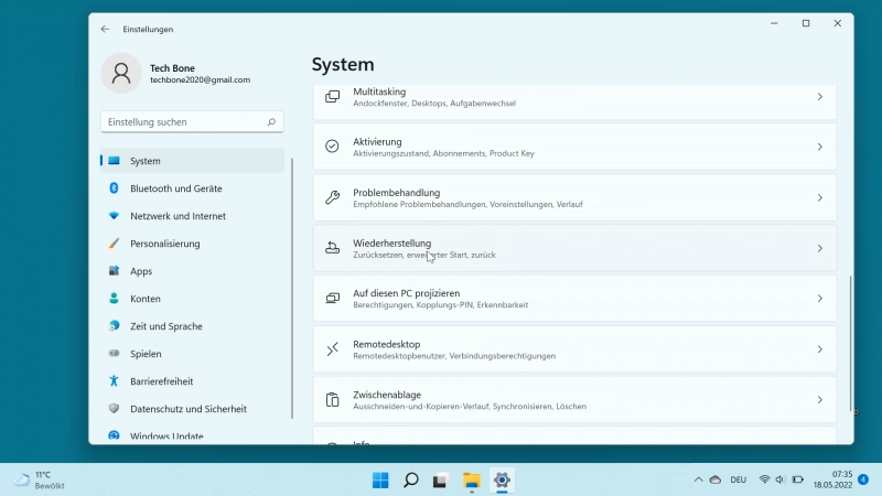 Schritt-3 Tippe/Klicke auf Wiederherstellung Windows zurücksetzen - Tippe/Klicke auf Wiederherstellung